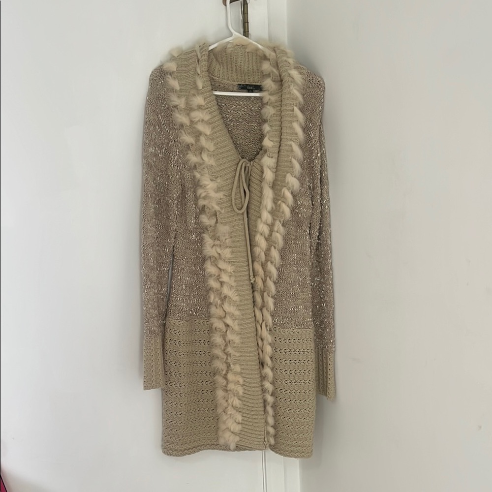 Sioni Tan Cardigan with Fur Trim